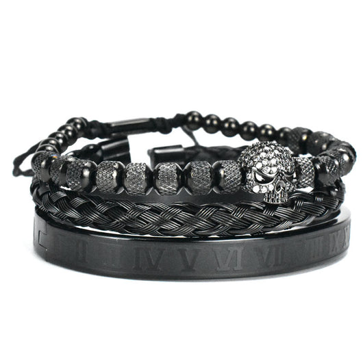 Pulsera de Acero Inoxidable con Calavera Retro y Letras Romanas Trenzadas - Image 8