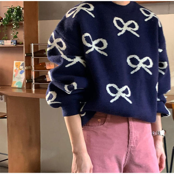 Suéter Jacquard con Moño y Cuello Redondo - Blusa Holgada de Manga Larga