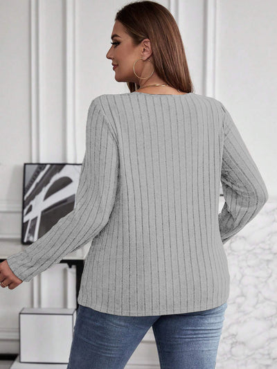 Suéter Tipo Polera Plus Size Cuello V Cruzado Manga Larga Textura Acanalada - Image 17