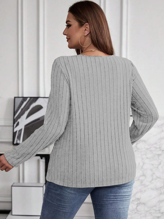 Suéter Tipo Polera Plus Size Cuello V Cruzado Manga Larga Textura Acanalada - Image 17