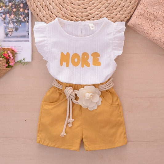 Conjunto de Dos Piezas Infantil con Blusa de Vuelos y Shorts Jacquard Floral