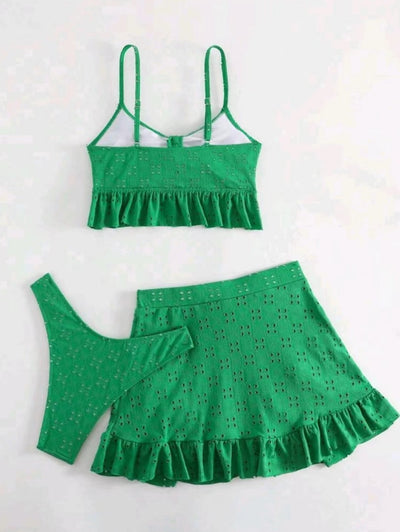 Light blue eyelet two-piece swimsuit set with a tie-front crop top and a matching ruffle-trim hip-hugging skirt. - Image 17