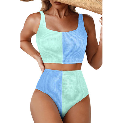 Women's black and white color block swimsuit set with a square neck crop top and high-waisted bottoms. - Image 4