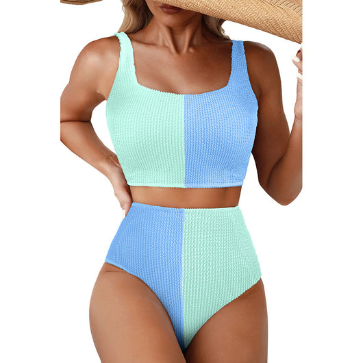 Women's black and white color block swimsuit set with a square neck crop top and high-waisted bottoms. - Image 4