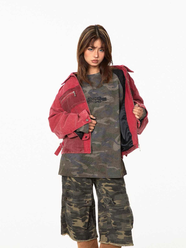 Chaqueta Patchwork de Pana Texturizada con Bolsillos y Corte Holgado