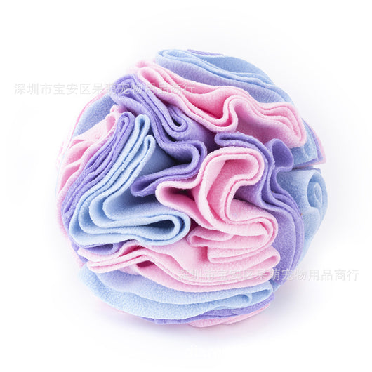 Pet sniffing pad in a ball shape, made of soft polar fleece in shades of pink, purple, and white, for dogs. - Image 6