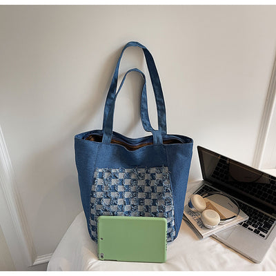 Bolsa Tote de Mezclilla Lavada con Patrón Escocés y Gran Capacidad - Image 31