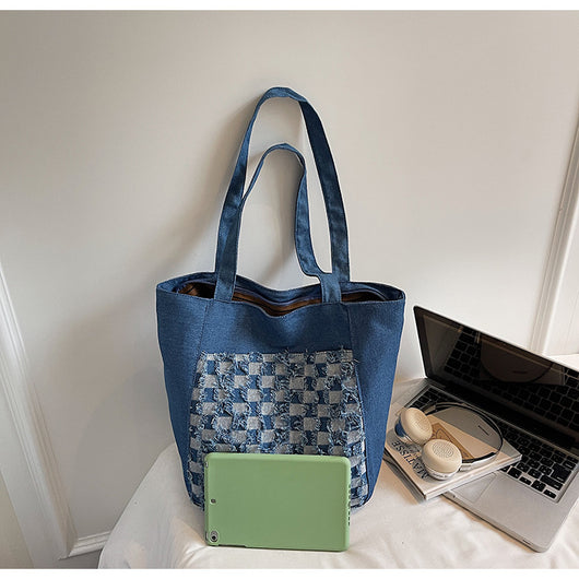 Bolsa Tote de Mezclilla Lavada con Patrón Escocés y Gran Capacidad - Image 31