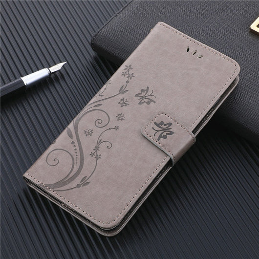 Funda Protectora de Cuero con Mariposas Grabadas - Cartera Abatible para Teléfono