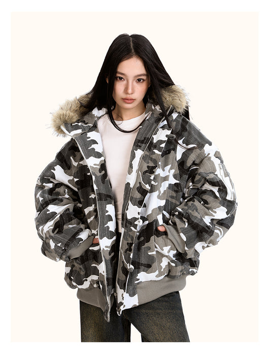Chaqueta Acolchada de Algodón con Cuello de Pelaje y Diseño Camuflaje Retro - Image 12