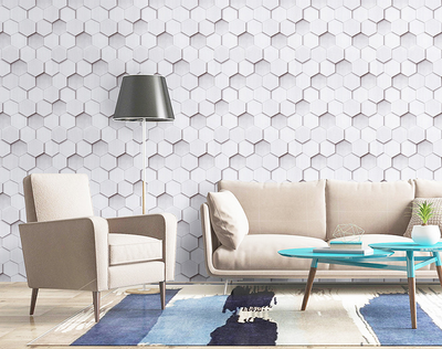 Roll of peel and stick wallpaper with a white and light gray geometric hexagonal pattern, creating a 3D effect. - Image 3