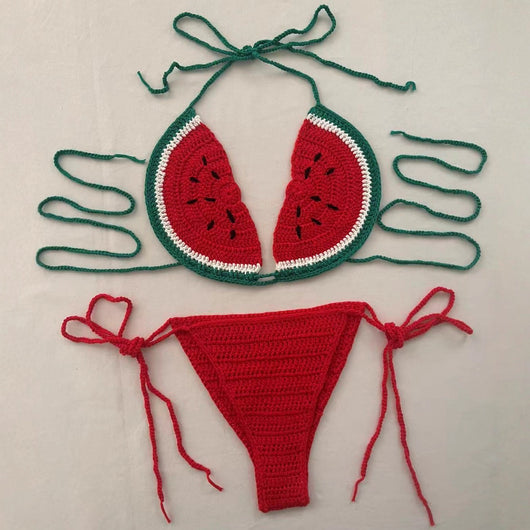 Handmade crocheted bikini with watermelon slice top in red, green, and white, and solid red tie-side bottoms. - Image 4