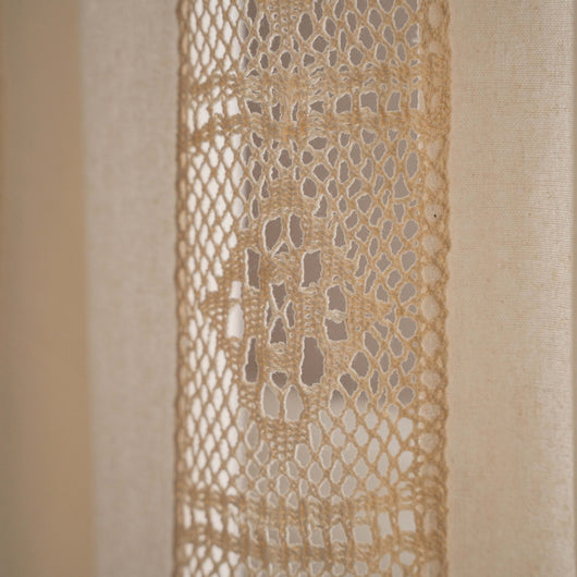 Beige crochet and plaid stitching short curtain with tassels, made from polyester cotton, hanging in a cozy room. - Image 32