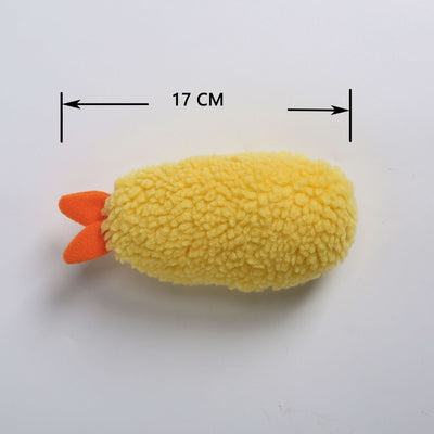 Shiba Inu dog holding a yellow fried shrimp tempura plush squeaky toy in its mouth, looking forward. - Image 6