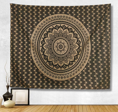 Black and white mandala tapestry with intricate floral and geometric patterns hanging on a bedroom wall. - Image 10