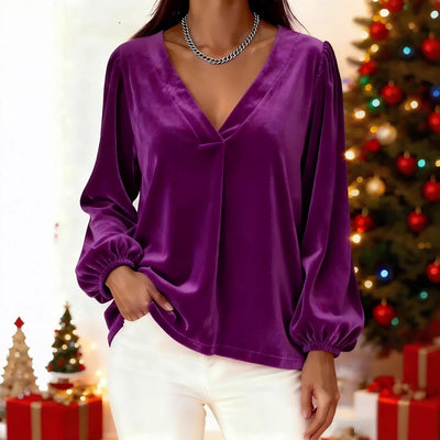 Blusa de Terciopelo con Cuello V y Mangas Linterna - Elegancia Luxuosa - Image 4