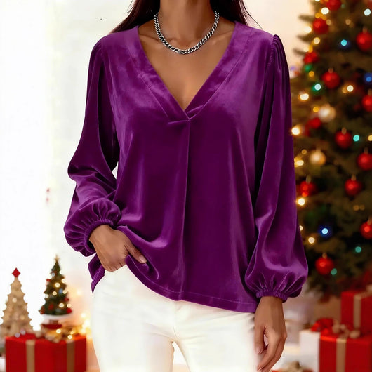 Blusa de Terciopelo con Cuello V y Mangas Linterna - Elegancia Luxuosa - Image 4