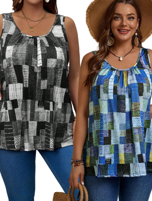Pack 2 Blusas Tank Top Talla Grande Mujer Verano Estampado Geométrico Cuello Redondo