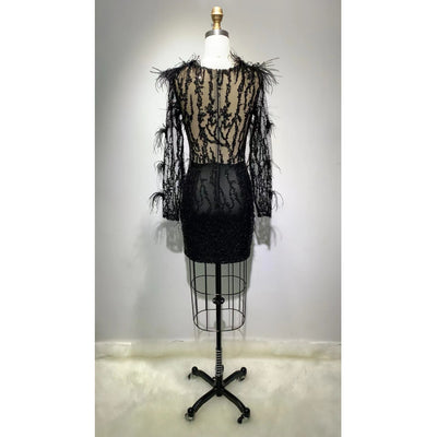 Vestido Casual de Malla con Lentejuelas y Plumas de Manga Larga - Image 14
