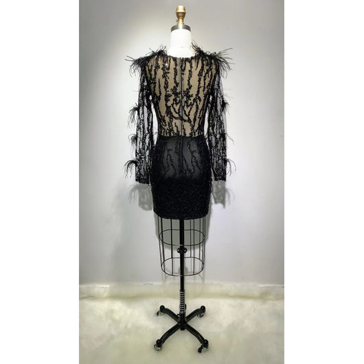 Vestido Casual de Malla con Lentejuelas y Plumas de Manga Larga - Image 14