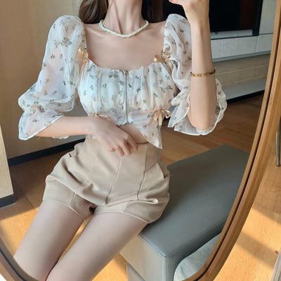 Blusa Hada Dulce con Manga Abullonada y Hombros Descubiertos en Chifón Floral - Image 7