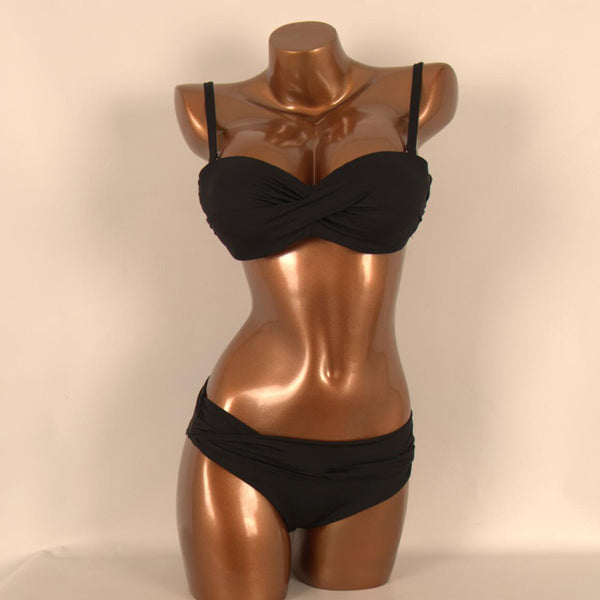 Red two-piece bikini with a twisted bandeau top and ruched low-rise bottoms, displayed on a mannequin. - Image 5