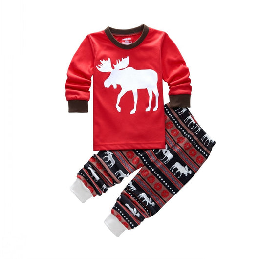 Red and black long-sleeve pajama set with a white moose graphic on the top and patterned moose pants. - Image 6