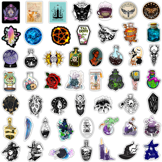 50 waterproof PVC stickers featuring occult, witchy, and mystical designs, including a prominent sun and moon face. - Image 8