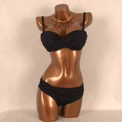 Red two-piece bikini with a twisted bandeau top and ruched low-rise bottoms, displayed on a mannequin. - Image 4
