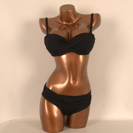Red two-piece bikini with a twisted bandeau top and ruched low-rise bottoms, displayed on a mannequin. - Image 4