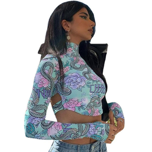 Blusa Ajustada de Cuello Alto Estampada con Mangas Largas - Image 9