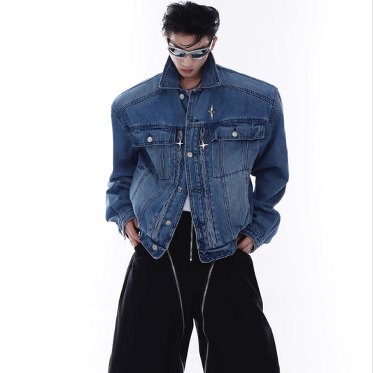 Chaqueta Denim Acolchada con Hombros Reforzados y Cierre Metálico