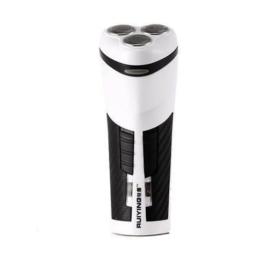 White and black Ruiying electric rotary shaver with three heads next to its dark blue product box. - Image 3