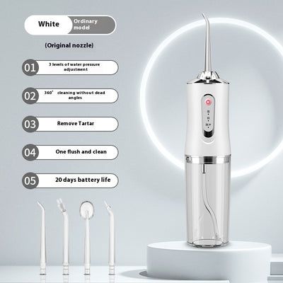 Pink portable electric oral irrigator with clear water tank and four nozzles, highlighting adjustable pressure and pulse mode. - Image 9