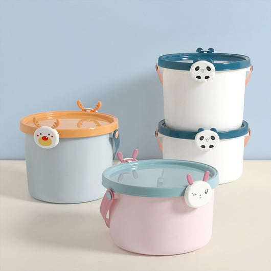 Two plastic storage buckets, one small and one large, with light blue bodies and orange lids featuring cartoon reindeer faces. - Image 8