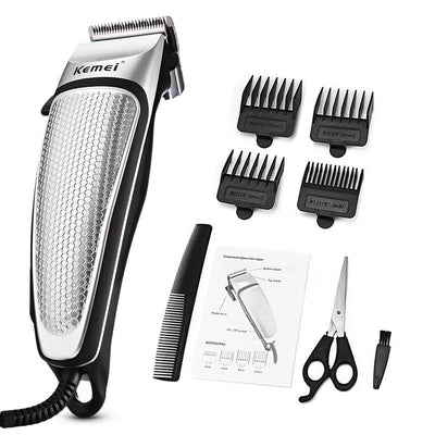 Kemei electric hair clipper kit with silver and black trimmer, four guide combs, scissors, comb, and cleaning brush. - Image 13