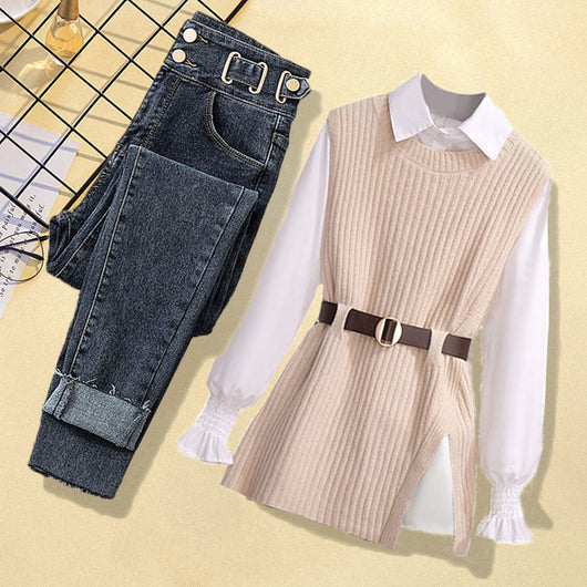 Conjunto de 3 Piezas: Chaleco Tejido, Camisa y Jeans para Mujer - Image 10