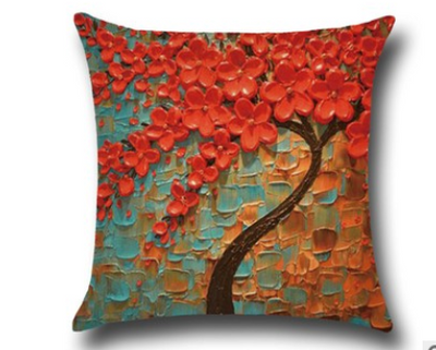 Funda de Cojín de Algodón con Pintura al Óleo Tridimensional - Árboles y Flores - Image 8