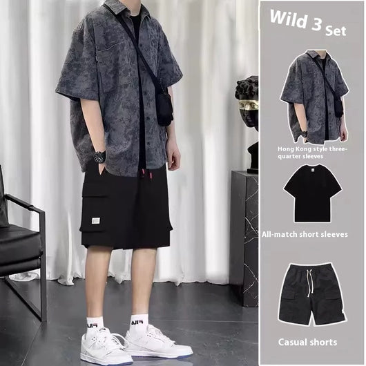 Conjunto de Tres Piezas Estilo Hong Kong - Camisa, Abrigo y Pantalones Cortos - Image 14
