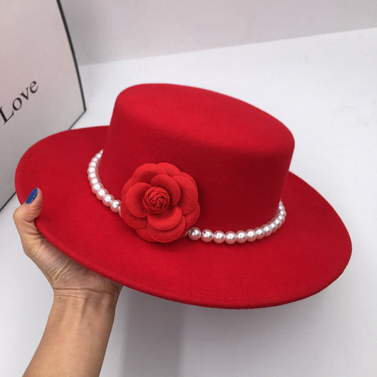 Sombrero de Ala Ancha Tweed Rojo con Detalles Florales Elegante - Image 8