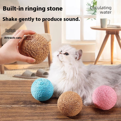 Oversized sisal ball cat toy in natural primary color, displayed on a light beige pedestal. - Image 3