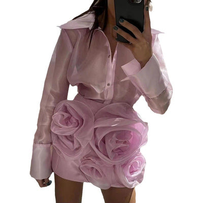 Traje Ejecutivo Mujer con Blusa Transparente y Falda Floral - Image 3