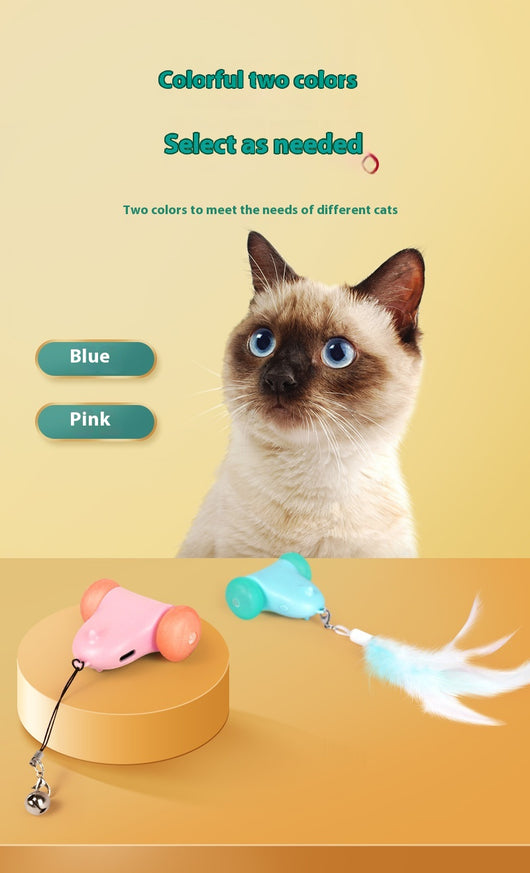Blue smart cat toy with teal wheels and an attached light blue feather wand, plus a butterfly attachment with bell. - Image 9