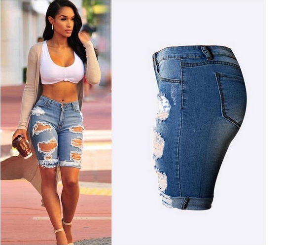 Pantalones Slim Talle Alto con Roturas - Moda Urbana Stretch Talla Grande