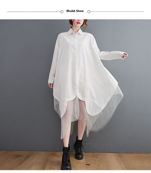 Vestido Camisero Holgado de Doble Capa con Malla Irregular - Image 17