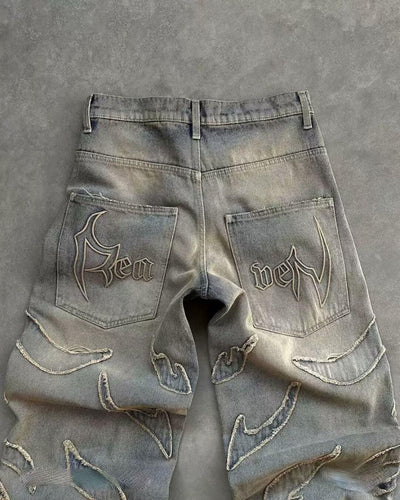 Pantalones Jeans Anchos Rotos Teñidos a Mano para Hombre - Image 7
