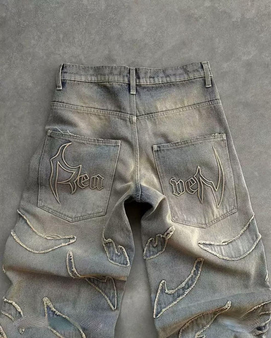 Pantalones Jeans Anchos Rotos Teñidos a Mano para Hombre - Image 7