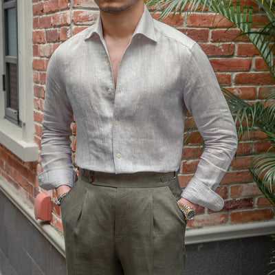 Camisa de Lino Lavado con Cuello y Mangas Largas