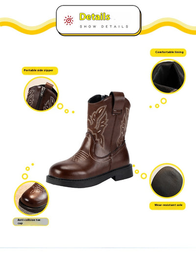 Girls' brown Martin boots with white ethnic embroidery, side zippers, and black soles, displayed on a light carpet. - Image 16