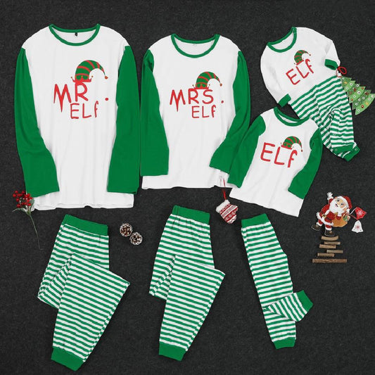 Green and white Christmas elf pajama set with a long-sleeve top and striped pants for parent-child matching.